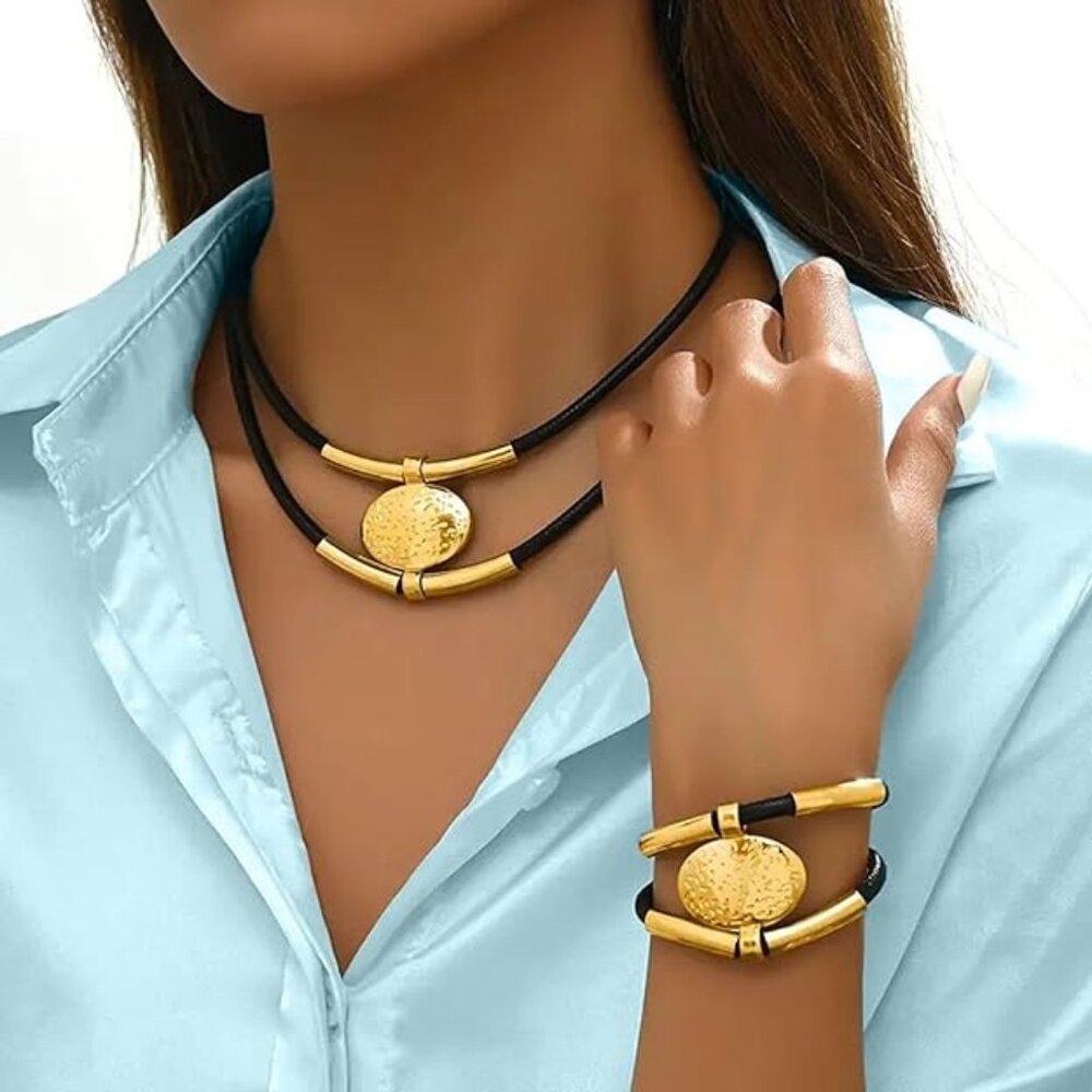 Jewelry Set Bohemian Black Rope Oval Black Acrylic Pendant Necklace And Bracelet